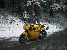Doc Wong and his Ducati in the snow